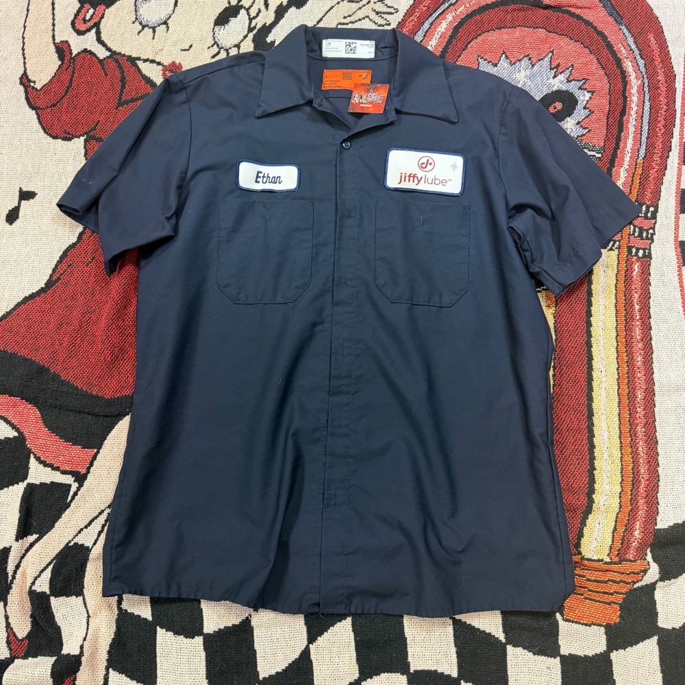 Reed Mens Jiffy Lube Mechanic Work Shirt Navy Blue Short Sleeve Ethan Patch L